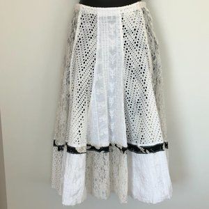 White/Cream Lace Eyelet Panel A-line Midi Skirt